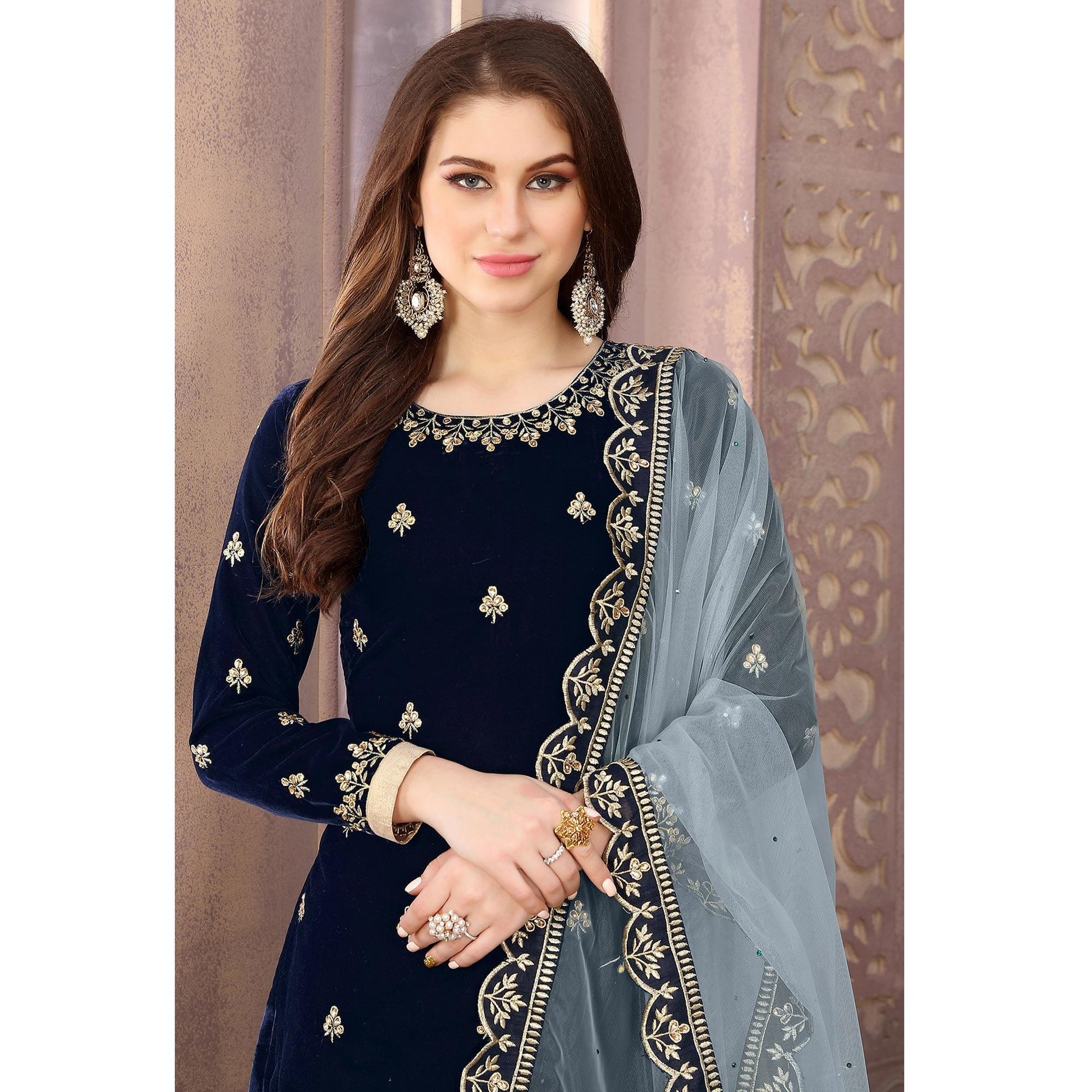 Energetic Navy Blue Colored Partywear Embroidered Velvet Patiala Suit