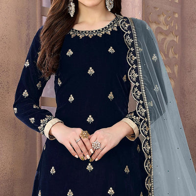 Energetic Navy Blue Colored Partywear Embroidered Velvet Patiala Suit