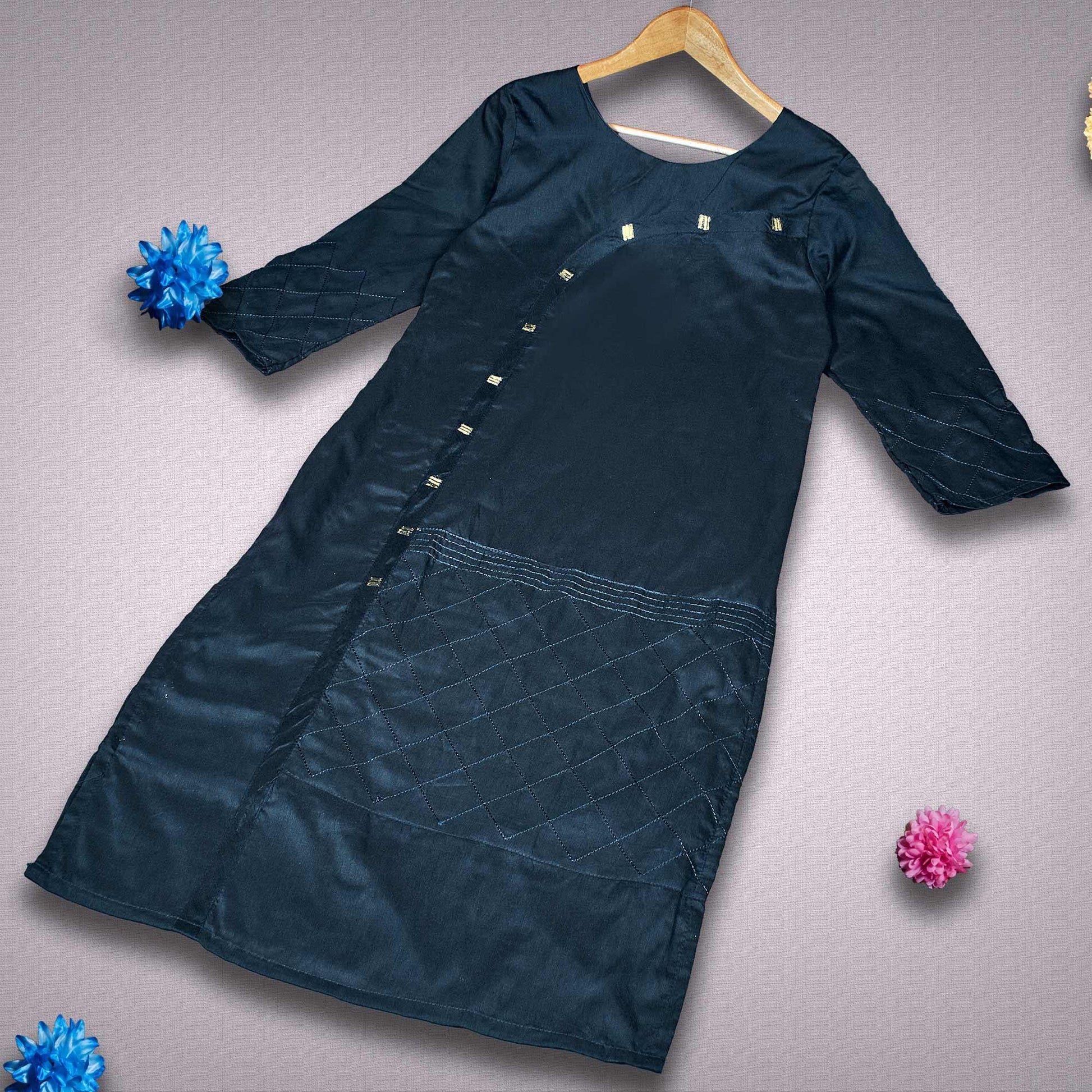Energetic Navy Blue Colored Partywear Embroidered Viscose Kurti