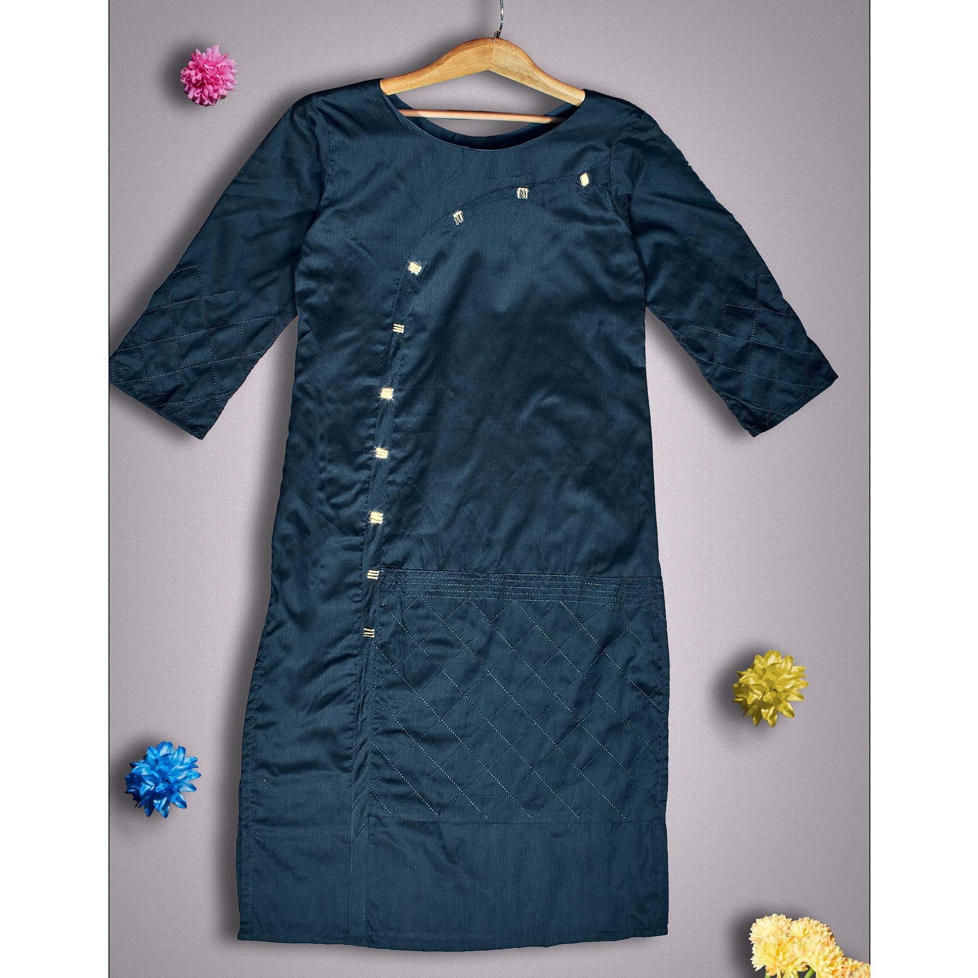 Energetic Navy Blue Colored Partywear Embroidered Viscose Kurti