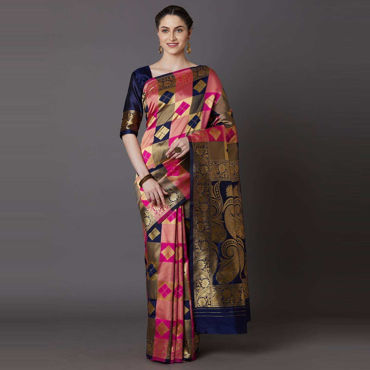 Energetic Navy Blue - Pink Colored Festive Wear Woven Silk Blend Saree