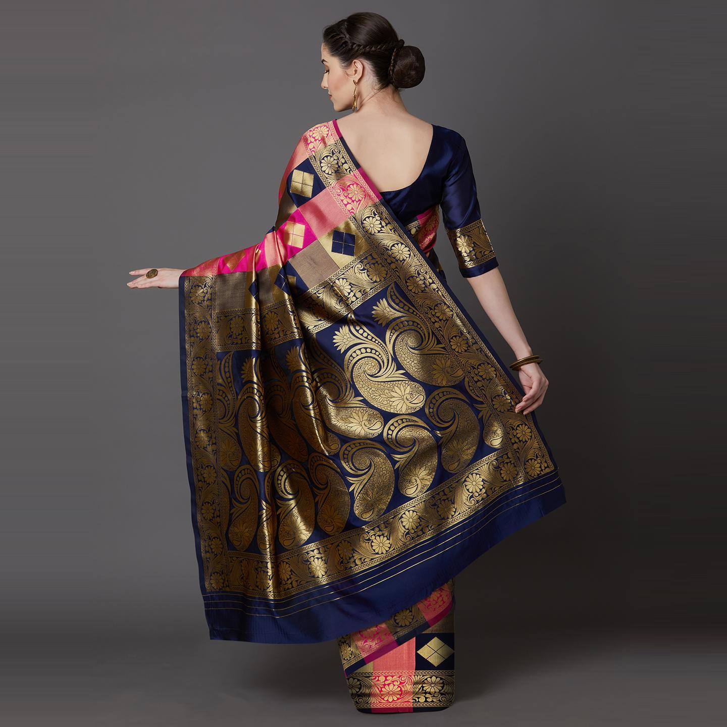 Energetic Navy Blue - Pink Colored Festive Wear Woven Silk Blend Saree