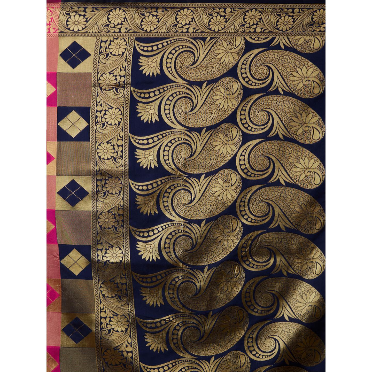 Energetic Navy Blue - Pink Colored Festive Wear Woven Silk Blend Saree