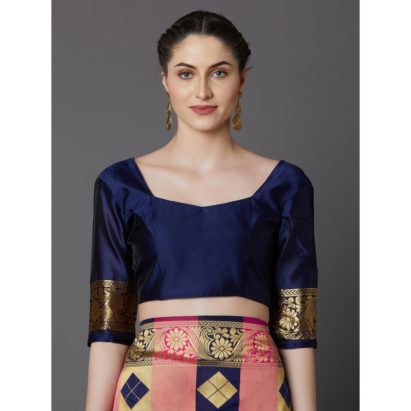 Energetic Navy Blue - Pink Colored Festive Wear Woven Silk Blend Saree