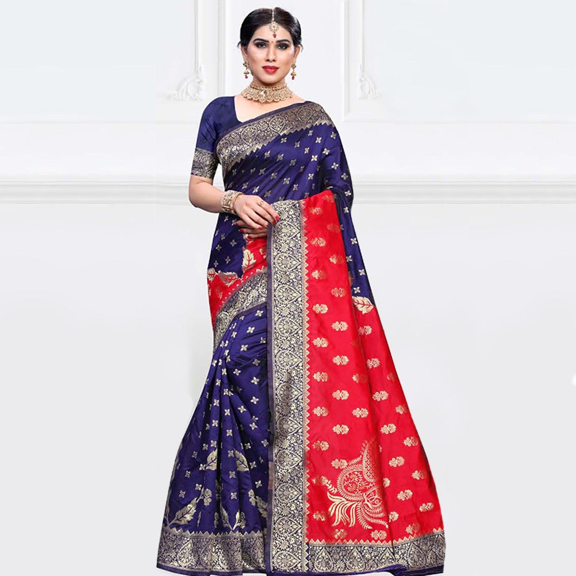 Energetic Navy Blue - Red Colored Festive Wear Woven Art Silk Saree