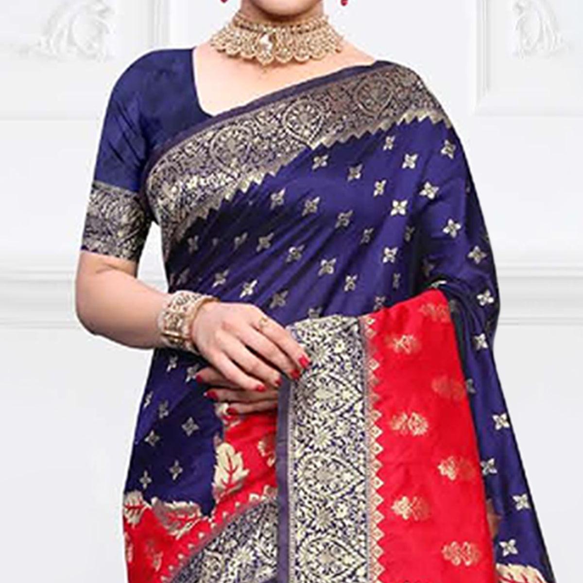 Energetic Navy Blue - Red Colored Festive Wear Woven Art Silk Saree
