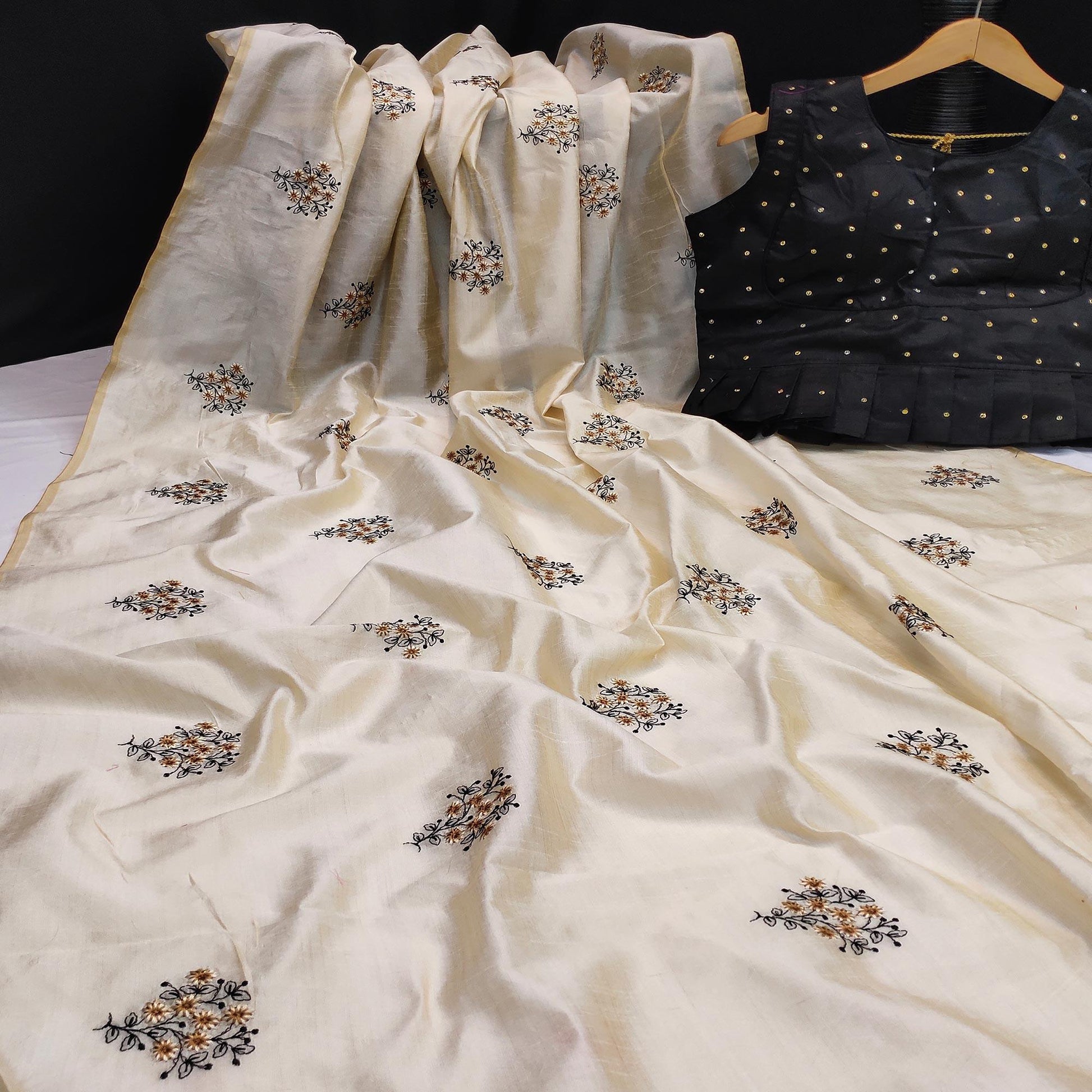 Energetic Offwhite Colored Partywear Floral Embroidered Silk Saree