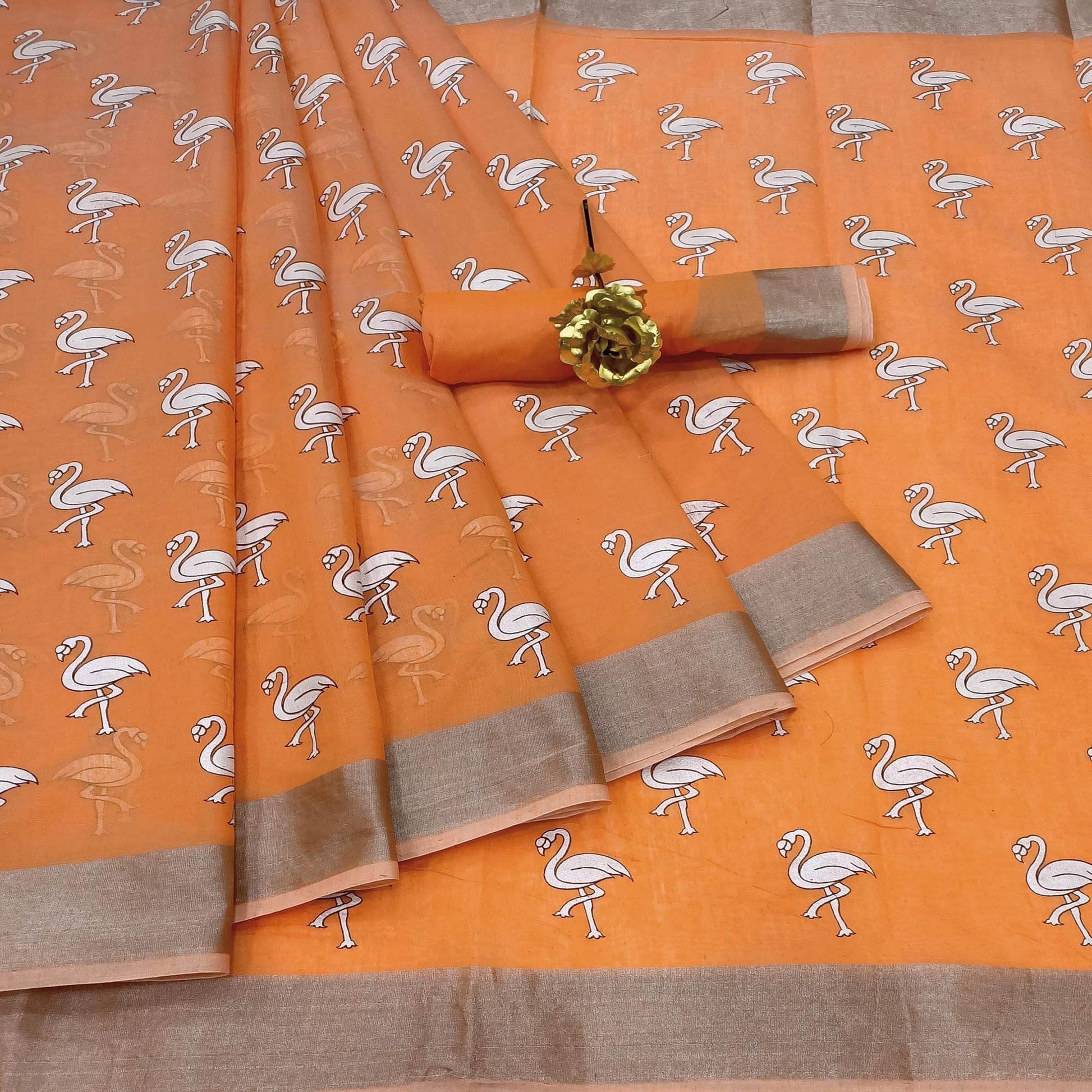Energetic Orange Colored Casual Wear Printed Cotton Linen Saree