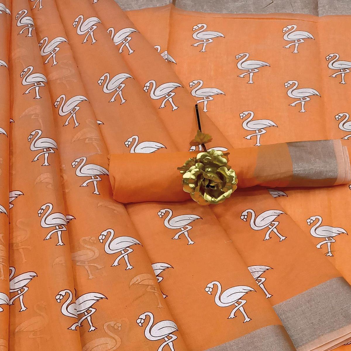 Energetic Orange Colored Casual Wear Printed Cotton Linen Saree