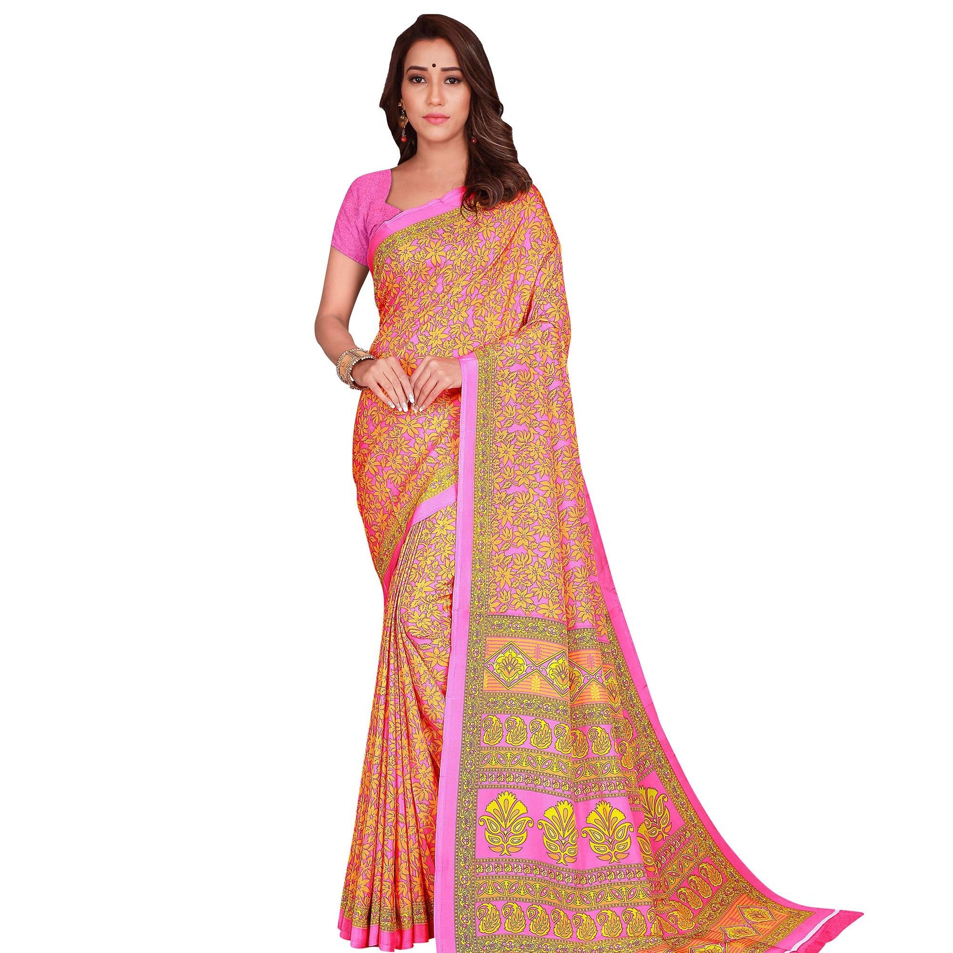 Energetic Orange Colored Casual Wear Printed Crepe Saree