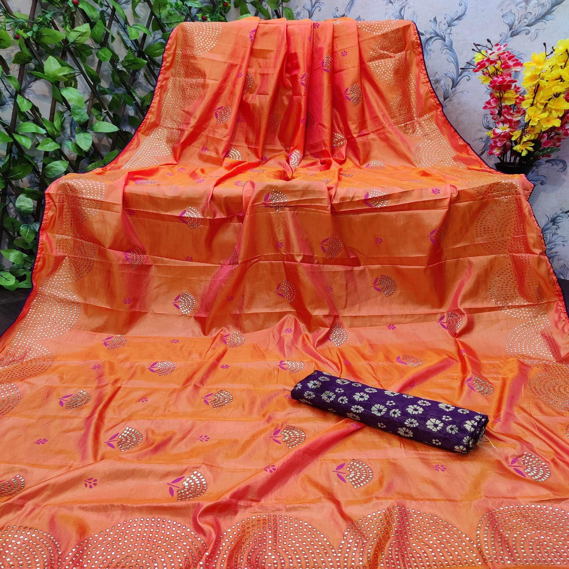 Energetic Orange Colored Festive Wear Embellished Art Silk Saree