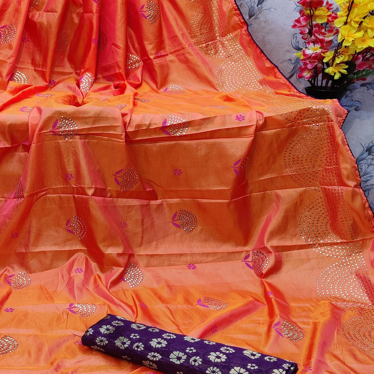 Energetic Orange Colored Festive Wear Embellished Art Silk Saree