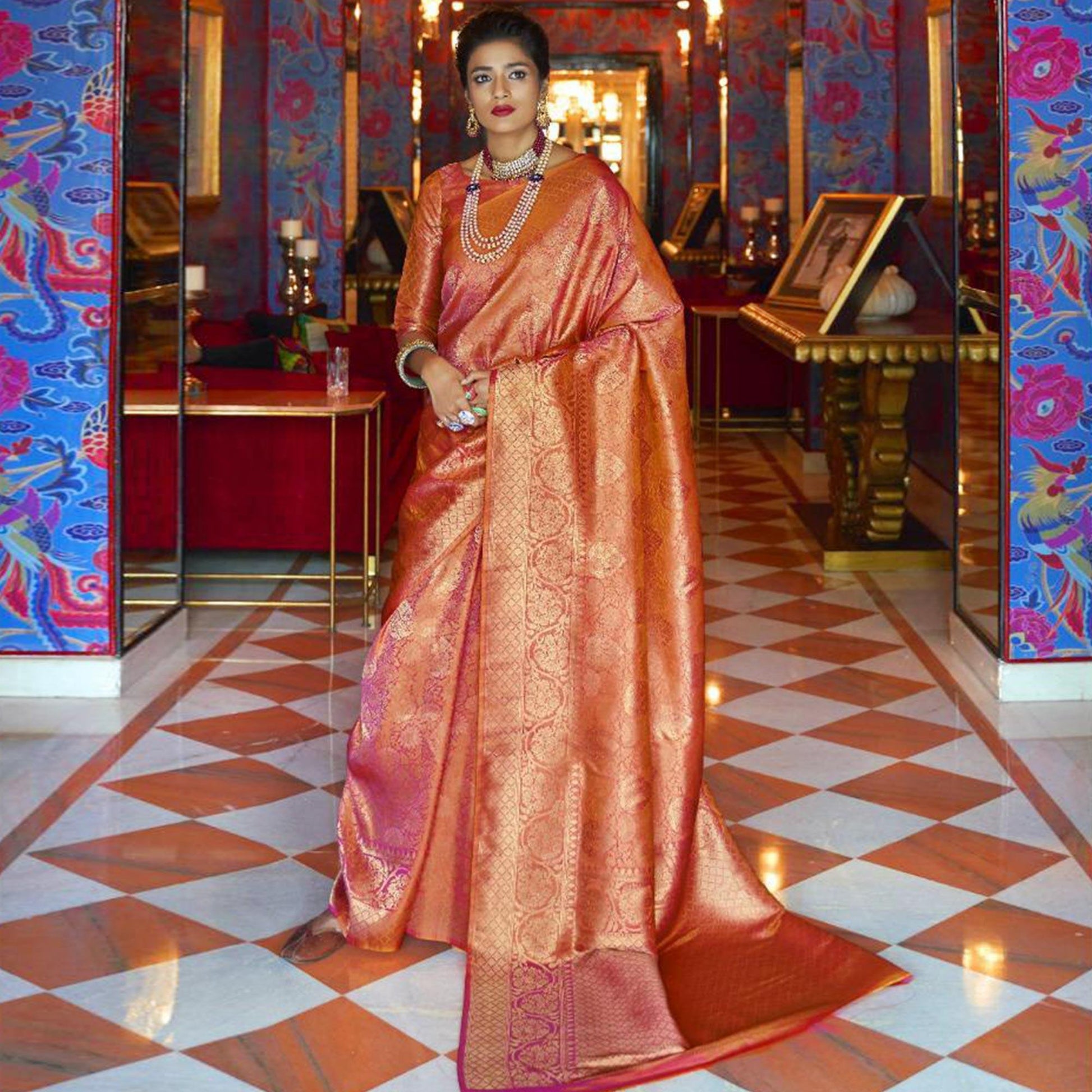 Energetic Orange Colored Festive Wear Woven Art Silk Saree