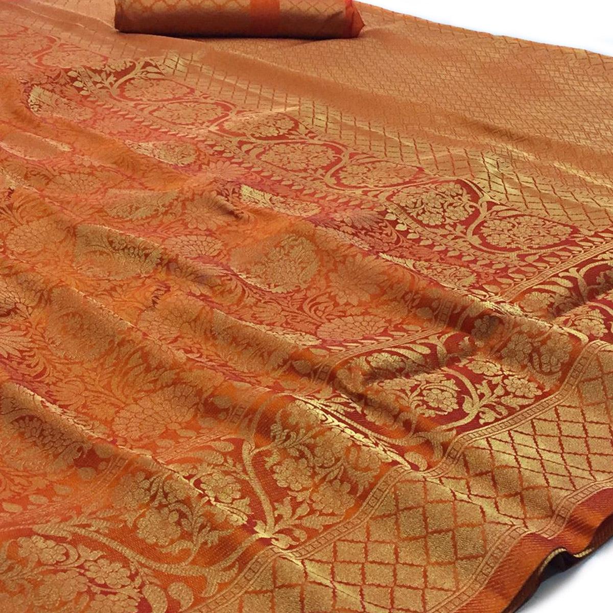 Energetic Orange Colored Festive Wear Woven Art Silk Saree