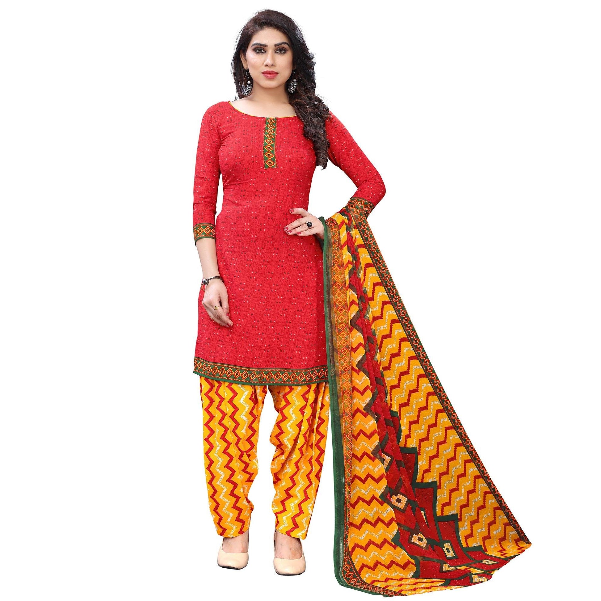 Energetic Peach Colored Casual Wear Printed French Crepe Patiala Dress Material