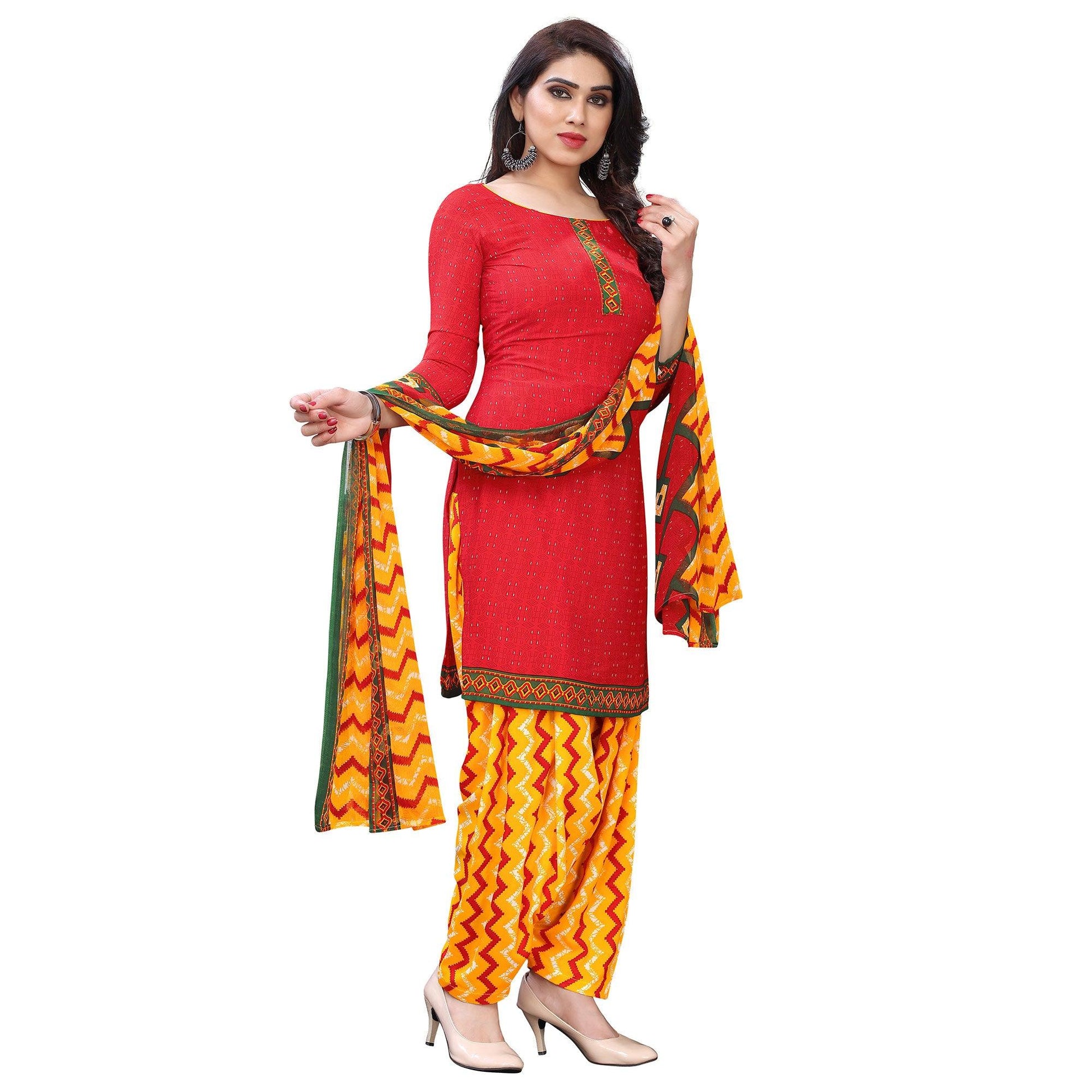 Energetic Peach Colored Casual Wear Printed French Crepe Patiala Dress Material
