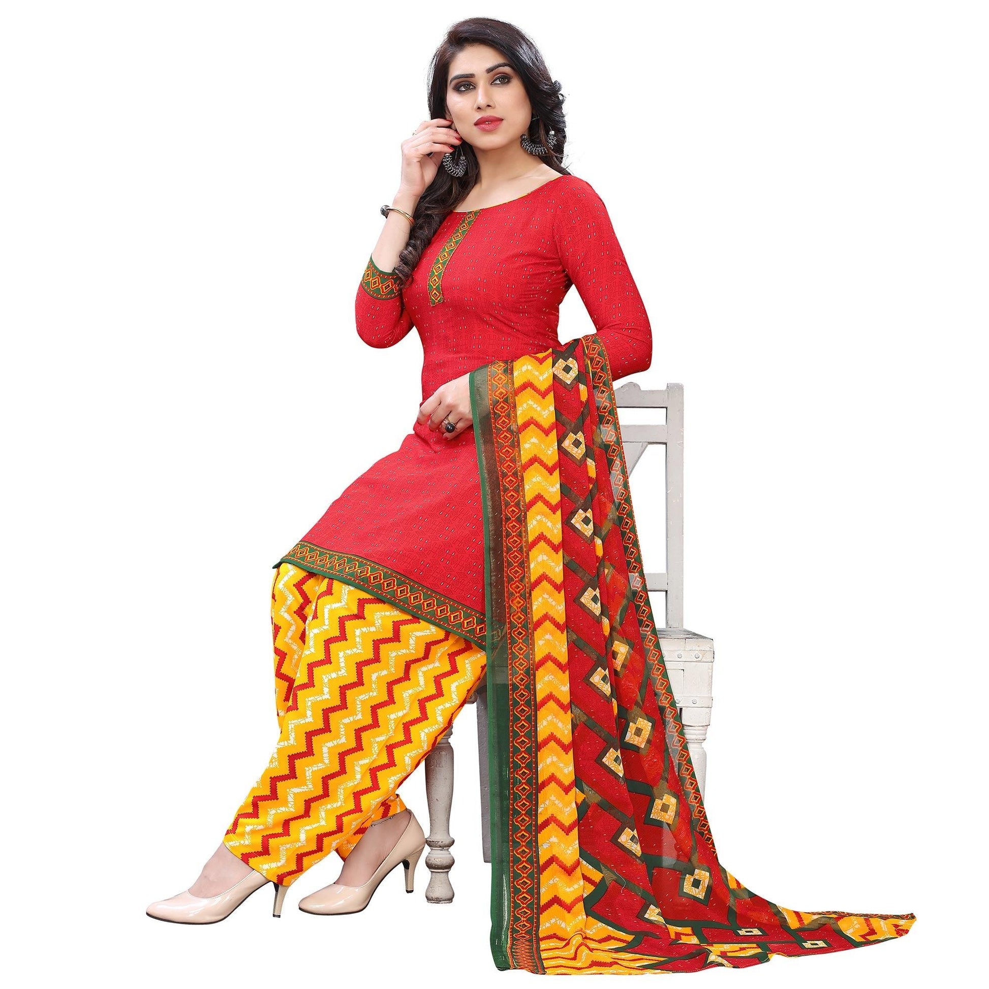 Energetic Peach Colored Casual Wear Printed French Crepe Patiala Dress Material