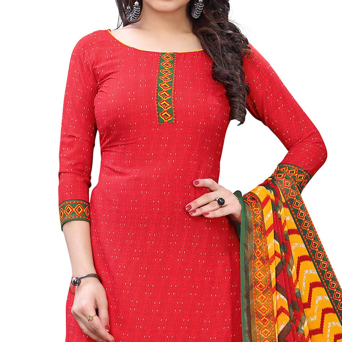 Energetic Peach Colored Casual Wear Printed French Crepe Patiala Dress Material