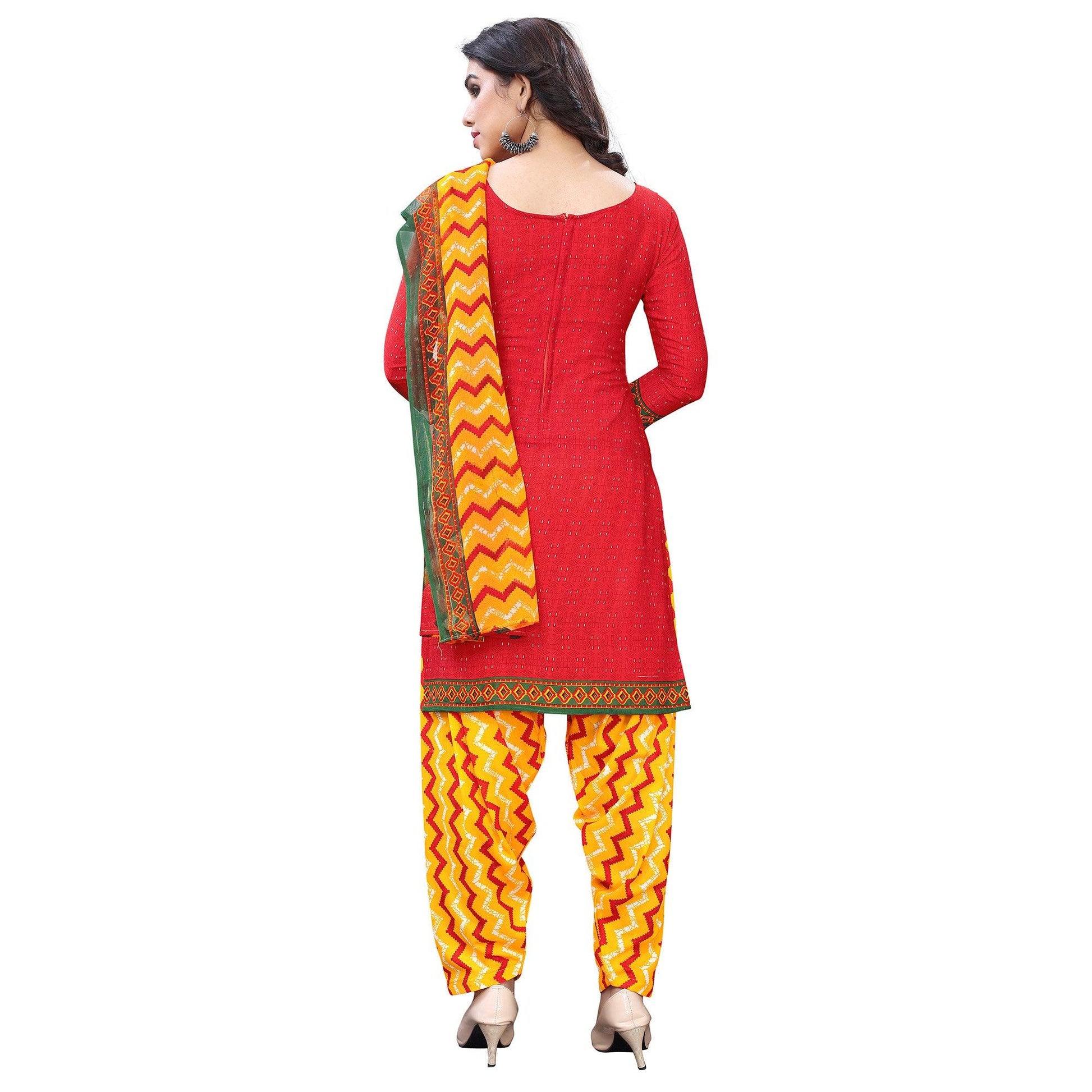 Energetic Peach Colored Casual Wear Printed French Crepe Patiala Dress Material
