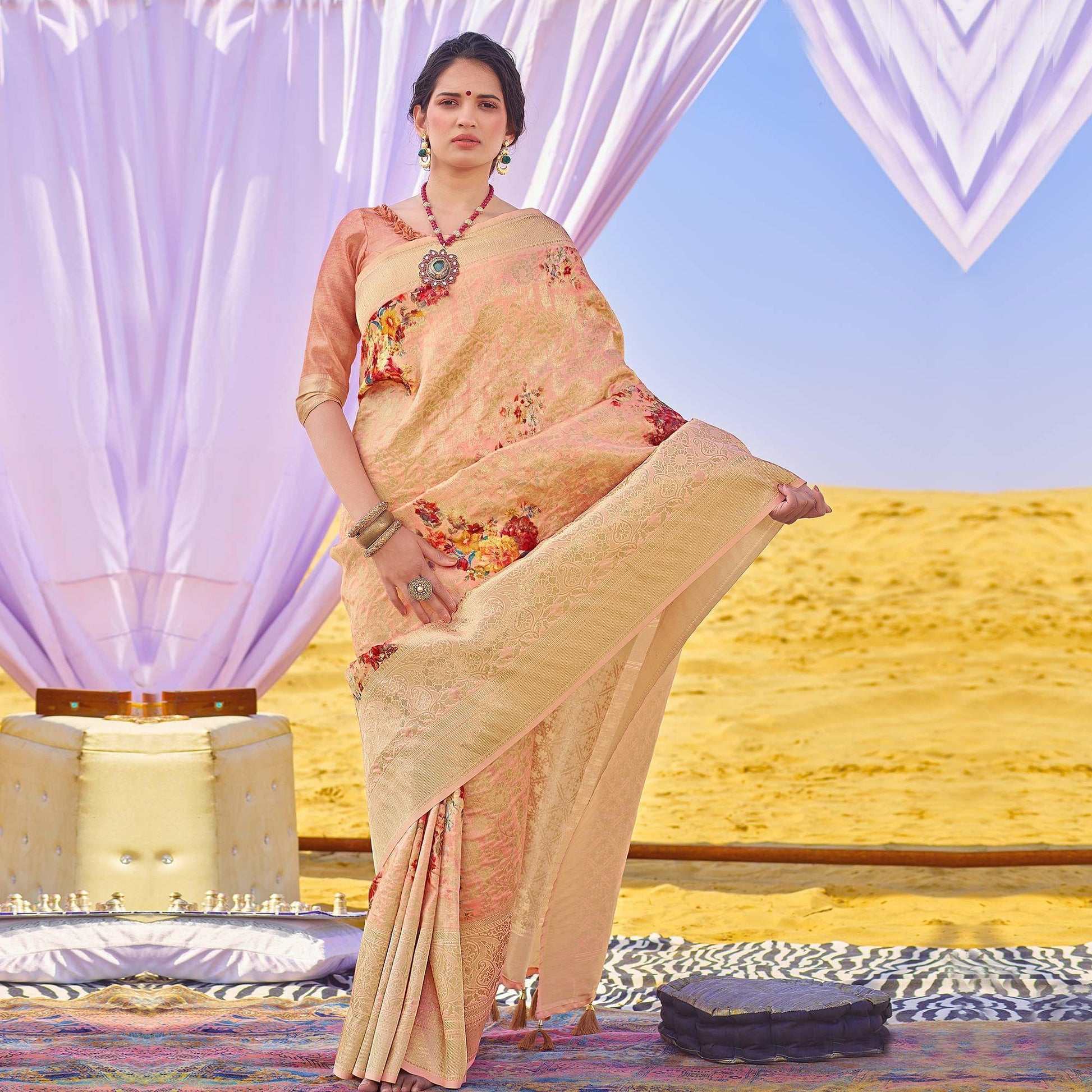 Energetic Peach Colored Festive Wear Woven Silk Saree