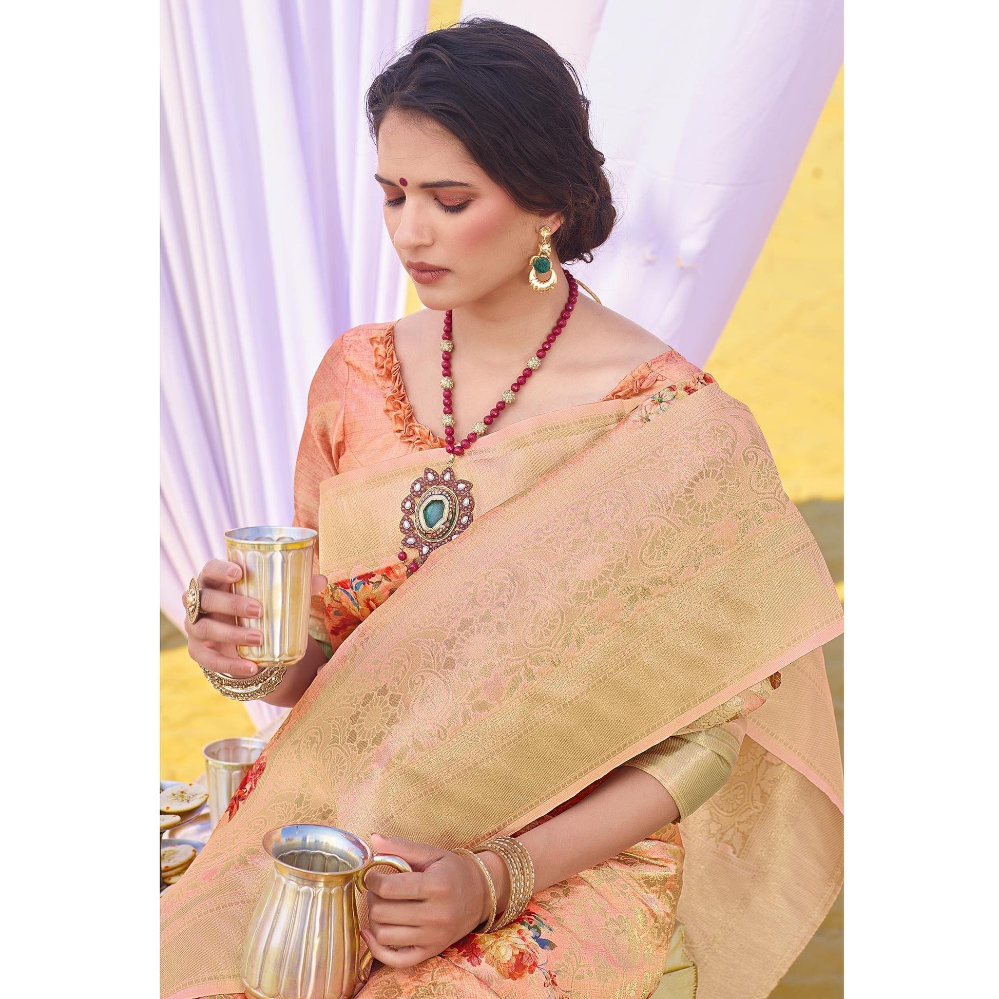Energetic Peach Colored Festive Wear Woven Silk Saree
