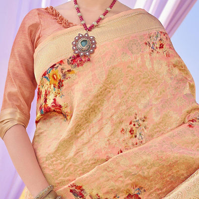 Energetic Peach Colored Festive Wear Woven Silk Saree
