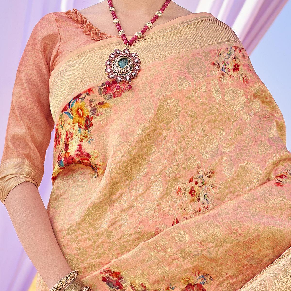 Energetic Peach Colored Festive Wear Woven Silk Saree