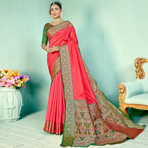 Energetic Peach Coloured Partywear Woven Silk Saree
