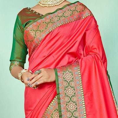 Energetic Peach Coloured Partywear Woven Silk Saree