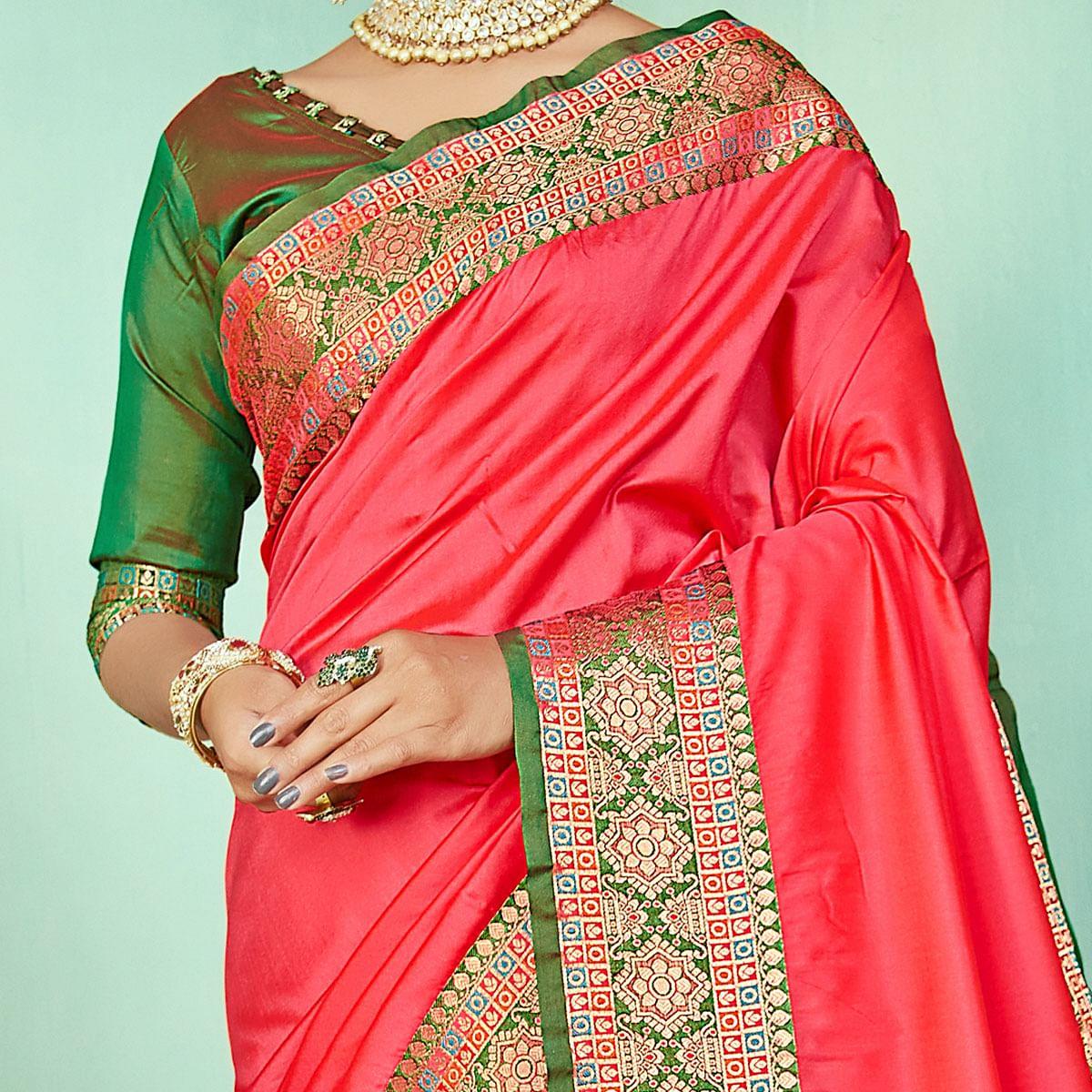 Energetic Peach Coloured Partywear Woven Silk Saree