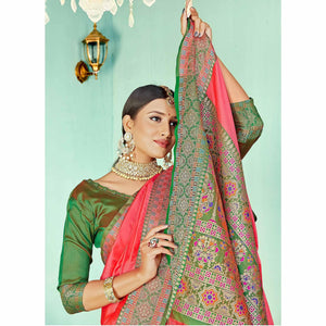 Energetic Peach Coloured Partywear Woven Silk Saree