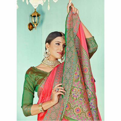 Energetic Peach Coloured Partywear Woven Silk Saree