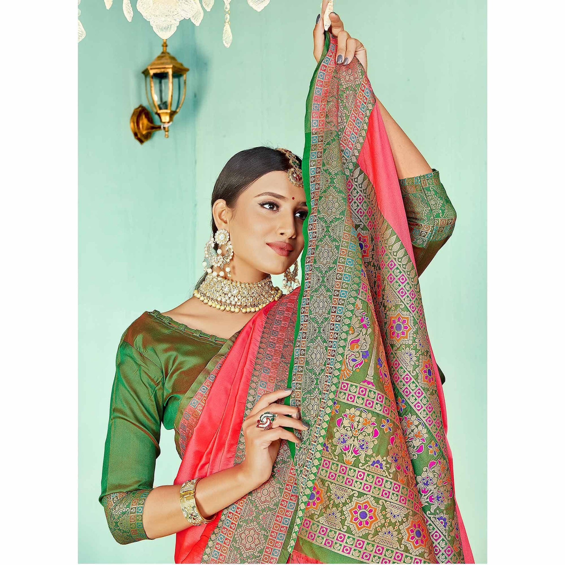 Energetic Peach Coloured Partywear Woven Silk Saree