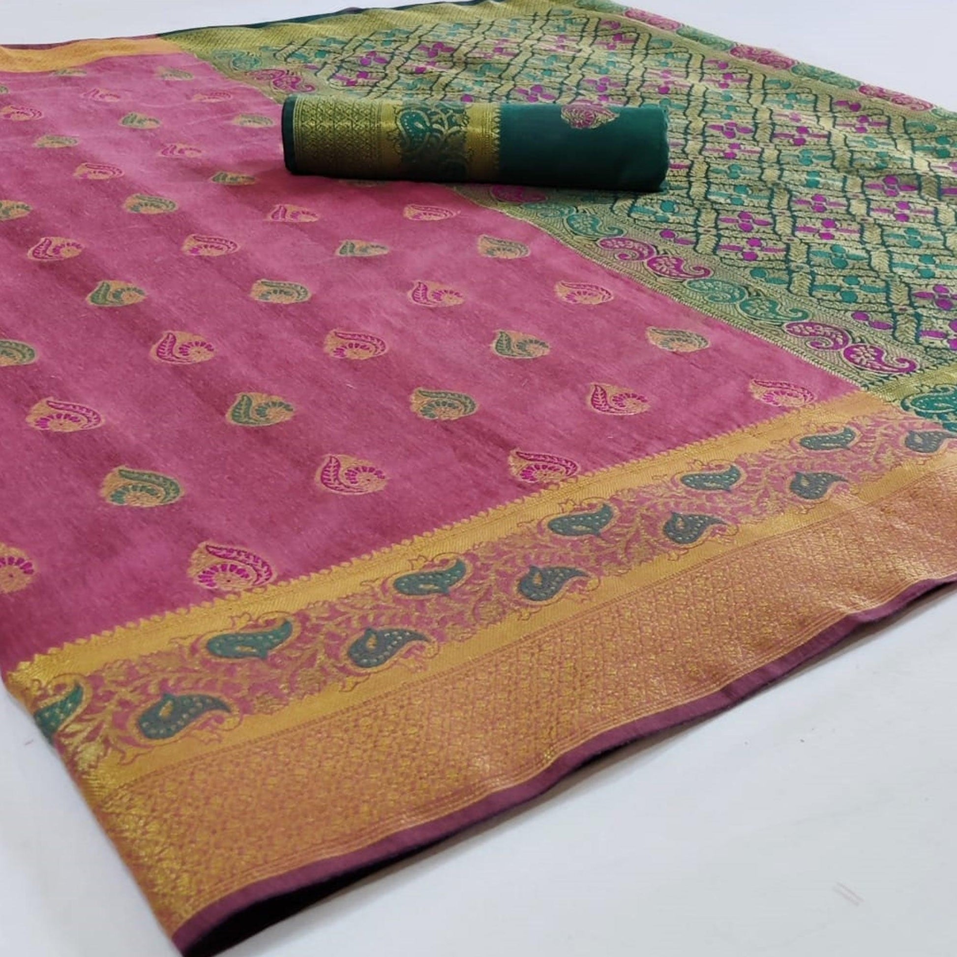 Energetic Pink Colored Festive Wear Woven Cotton Saree