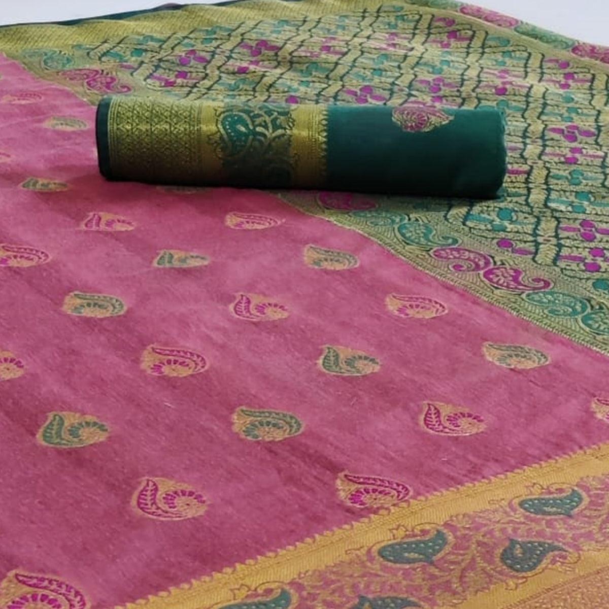 Energetic Pink Colored Festive Wear Woven Cotton Saree