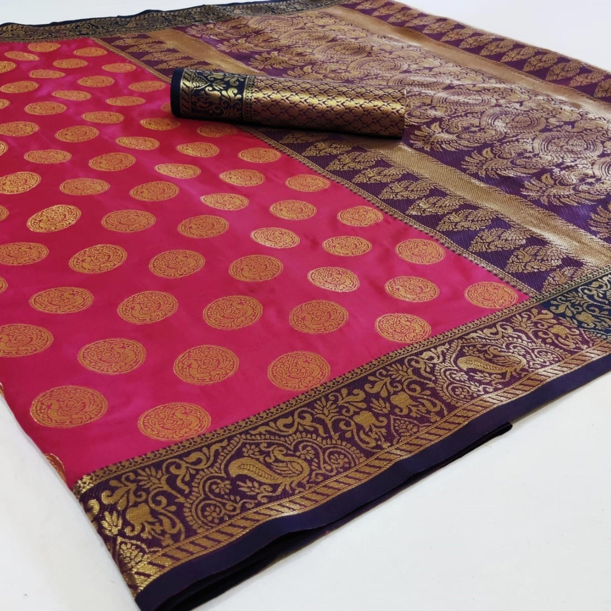 Energetic Pink Colored Festive Wear Woven Heavy Silk Saree