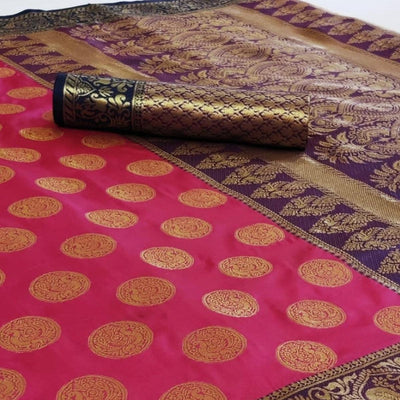 Energetic Pink Colored Festive Wear Woven Heavy Silk Saree