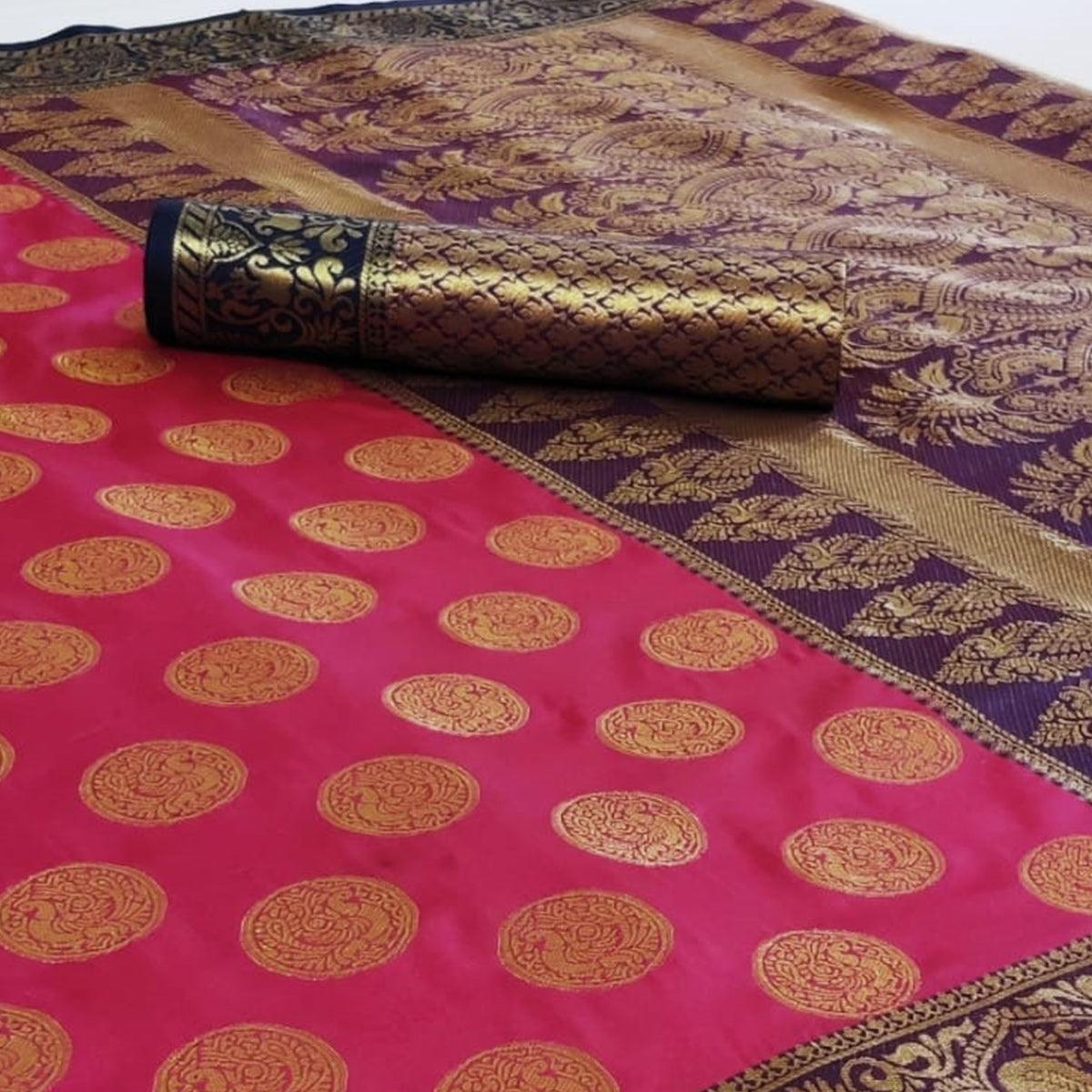 Energetic Pink Colored Festive Wear Woven Heavy Silk Saree