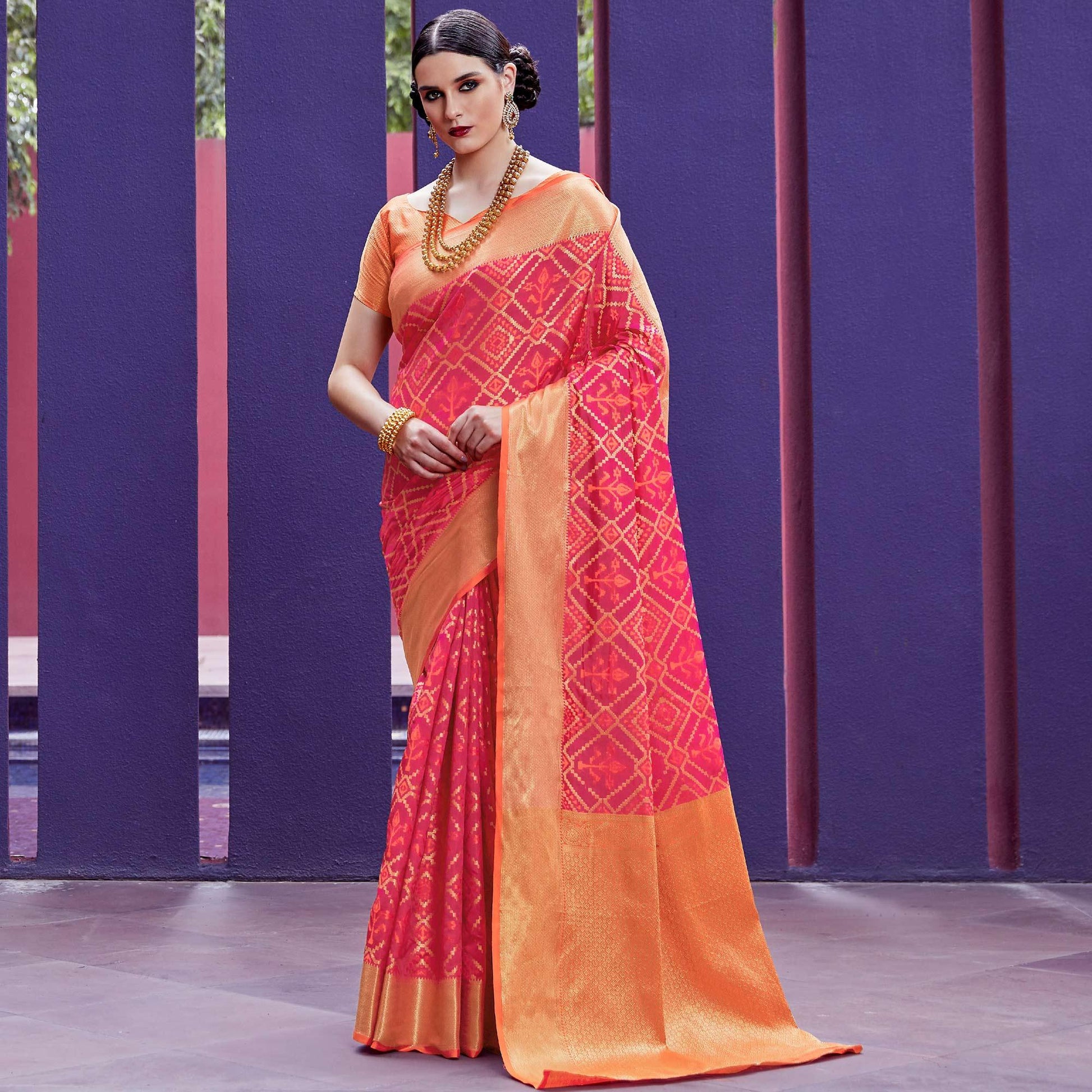 Energetic Pink Colored Festive Wear Woven Indian Patola Silk Saree