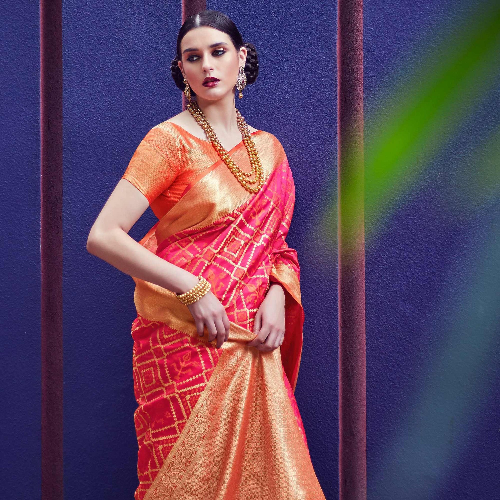 Energetic Pink Colored Festive Wear Woven Indian Patola Silk Saree