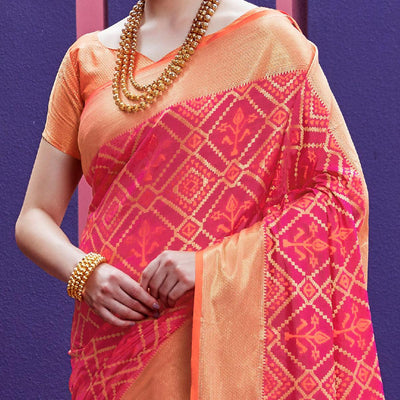 Energetic Pink Colored Festive Wear Woven Indian Patola Silk Saree