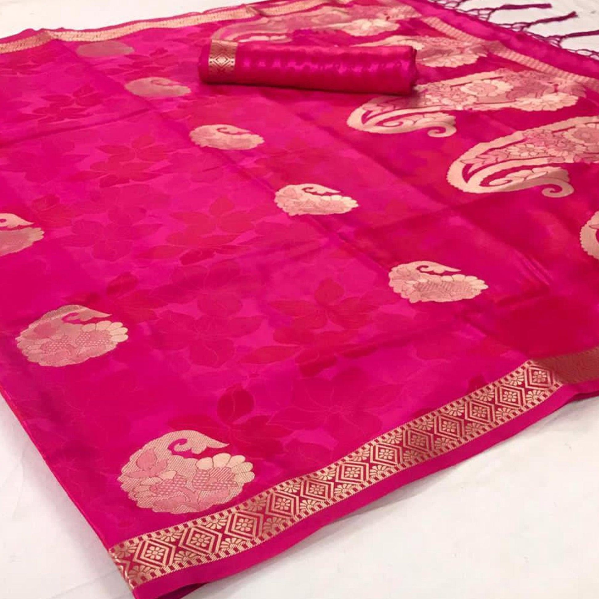 Energetic Pink Colored Festive Wear Woven Pure Satin Silk Saree