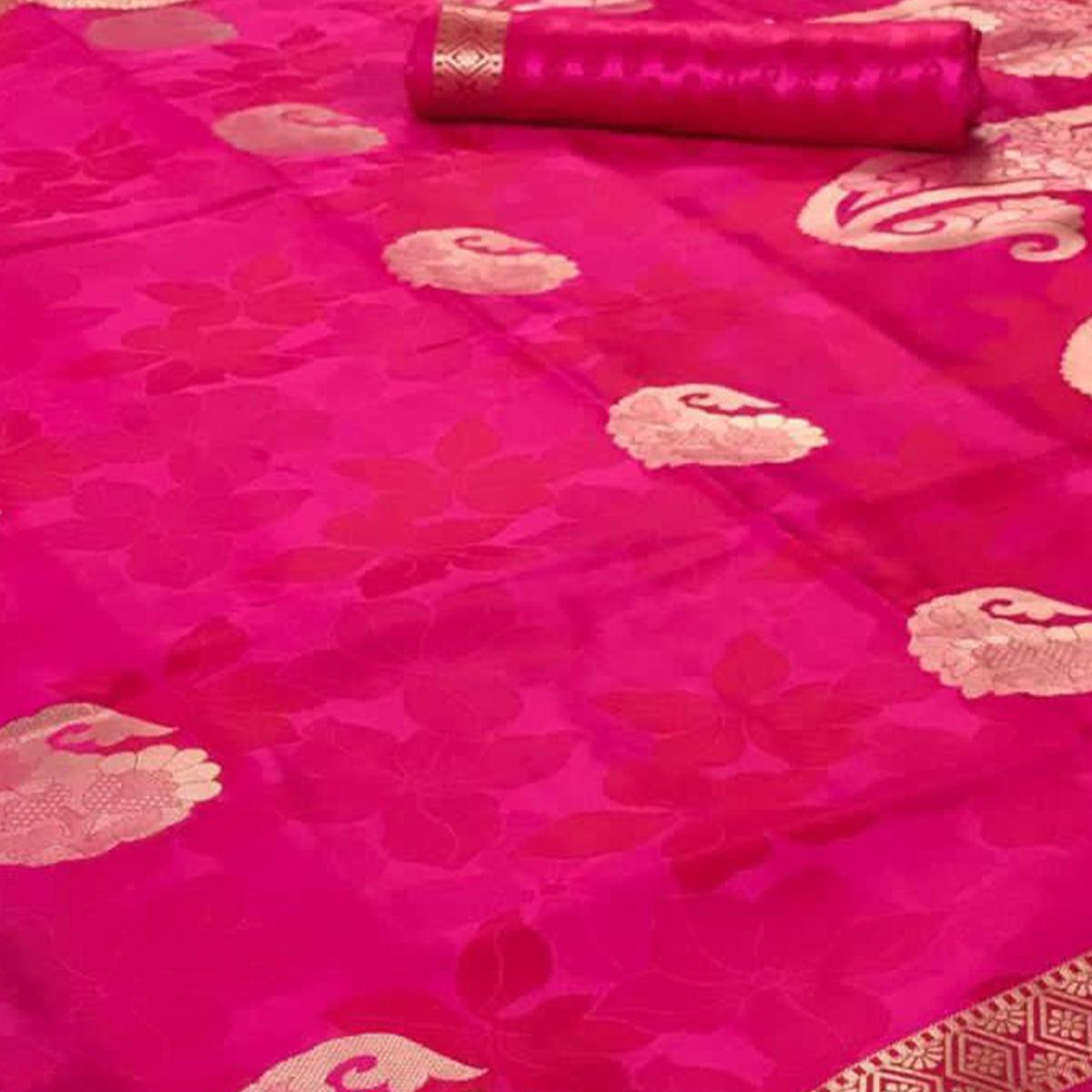 Energetic Pink Colored Festive Wear Woven Pure Satin Silk Saree