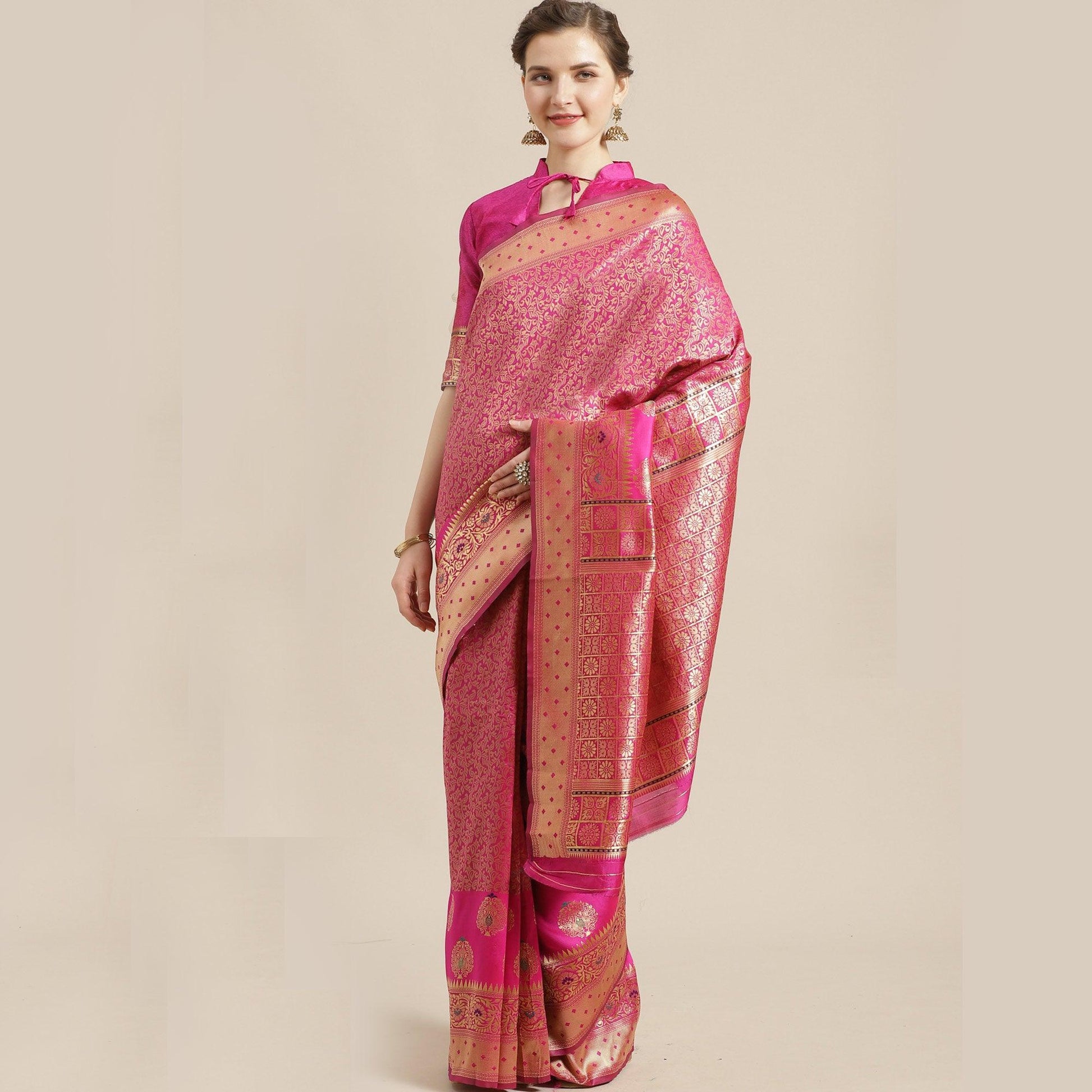 Energetic Pink Colored Festive Wear Woven Silk Blend Saree
