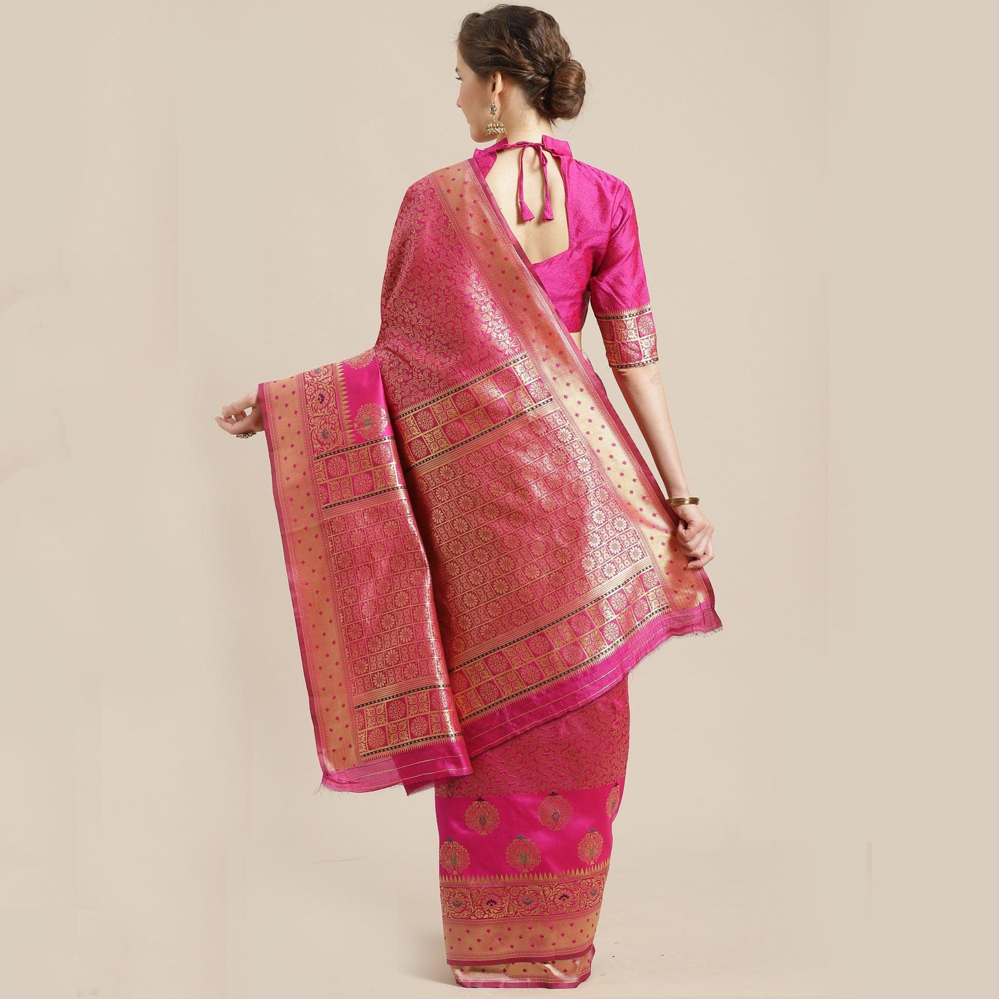 Energetic Pink Colored Festive Wear Woven Silk Blend Saree