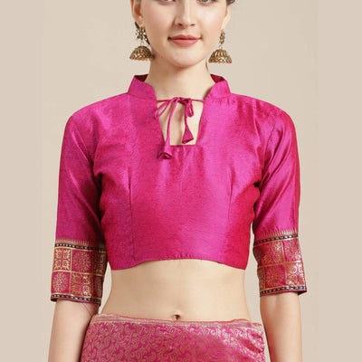 Energetic Pink Colored Festive Wear Woven Silk Blend Saree