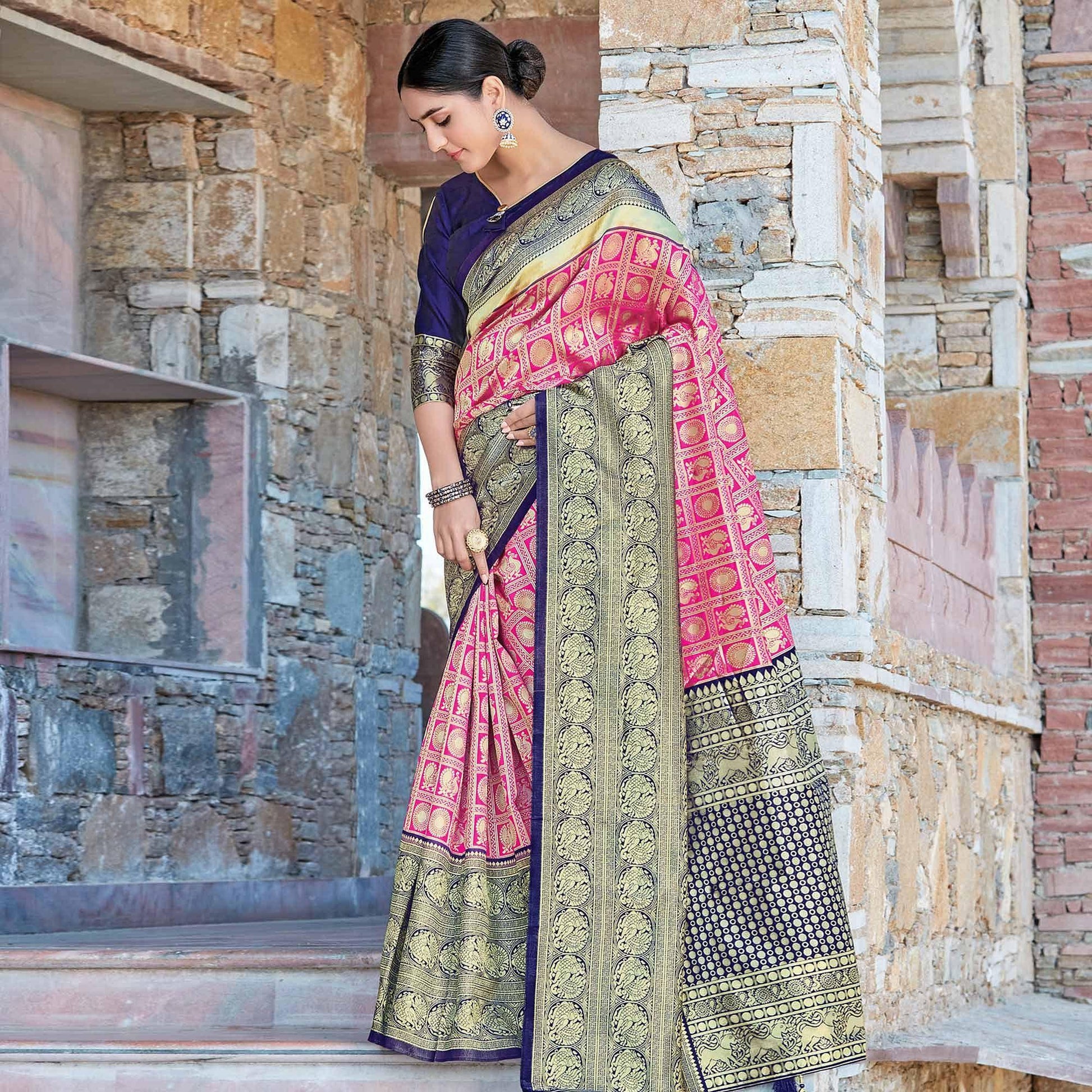 Energetic Pink Colored Festive Wear Woven Silk Sareee