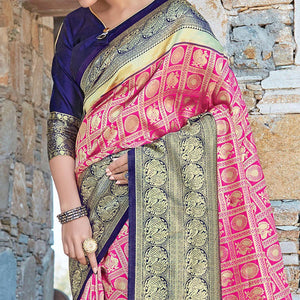Energetic Pink Colored Festive Wear Woven Silk Sareee