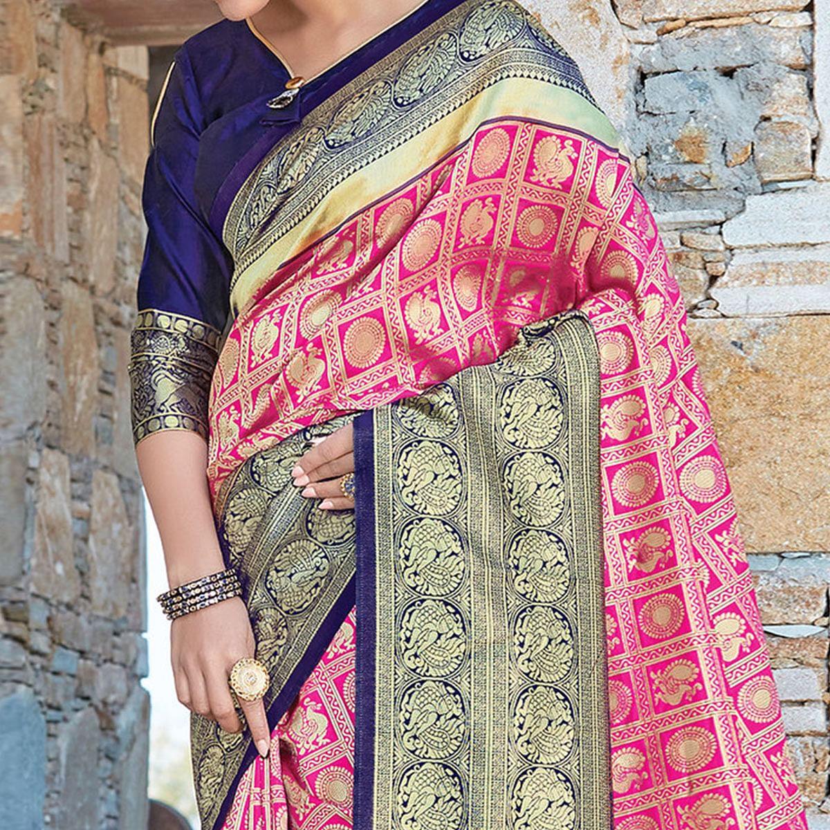 Energetic Pink Colored Festive Wear Woven Silk Sareee