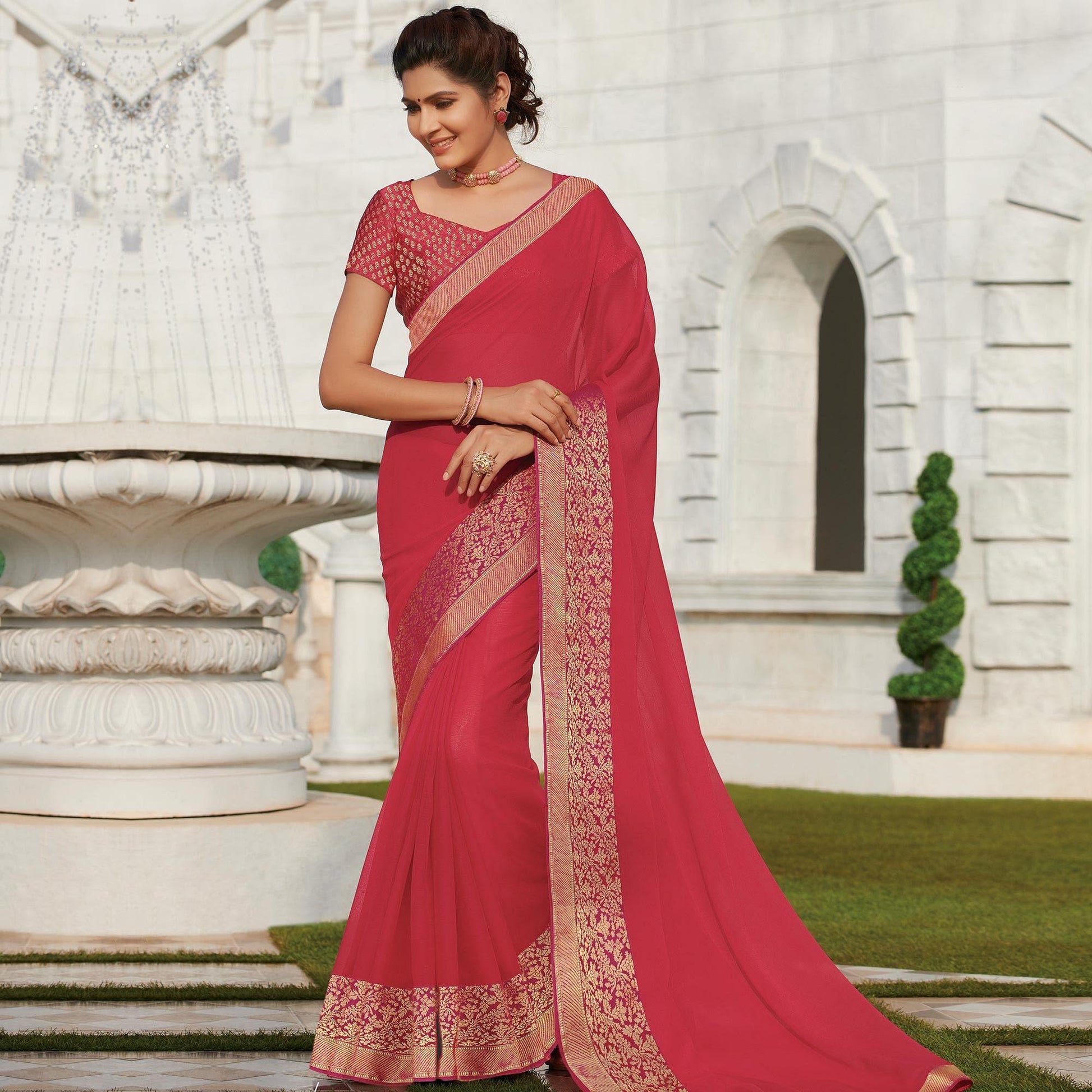Energetic Pink Colored Party Wear Embroidered Chiffon Saree